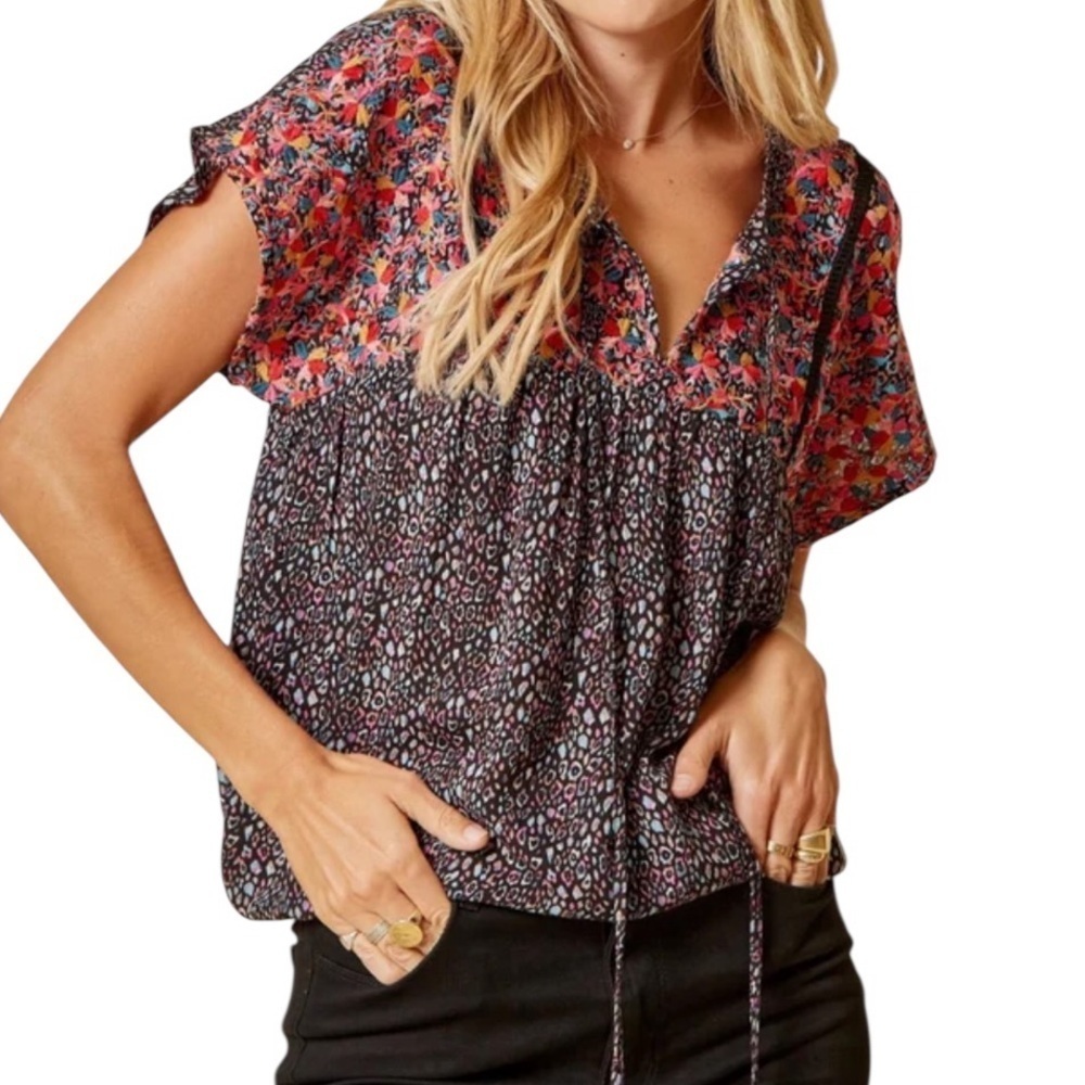 Savanna Jane Boho Leopard Babydoll Embroidered Tassel Blouse Size L